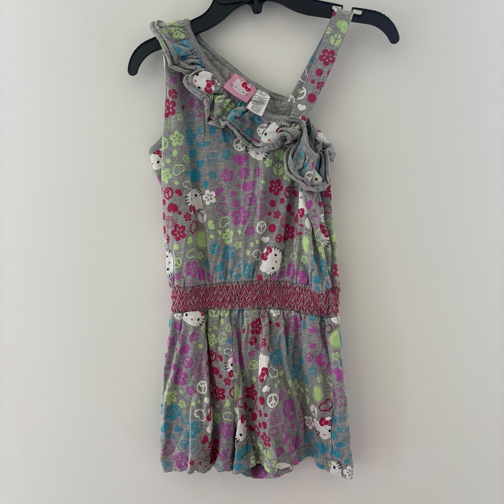 Hello Kitty‎ Romper Jumpsuit Ruffle Trim Hearts Peace Signs Gray Girls L (10/12)